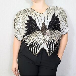 Vintage sequin silk Dolman butterfly Black and White Blouse